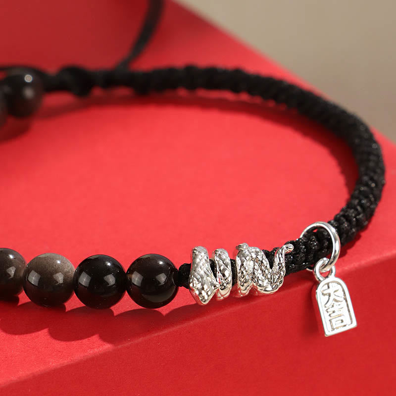 Buddha Stones Natürlicher Erdbeerquarz Silberglanz Obsidian Jahr der Schlange Schnur Schutz Geflochtenes Armband