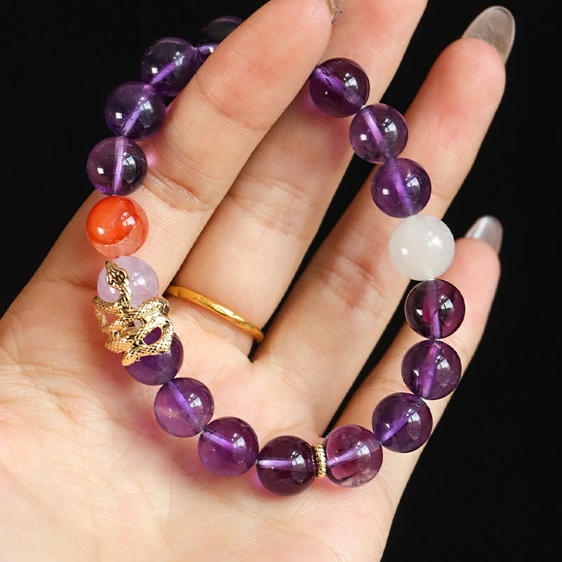 Buddha Stones Armband mit Rosenquarz und verschiedenen Kristallen, violettes Phantom, Jahr der Schlange, leidenschaftliche Großzügigkeit