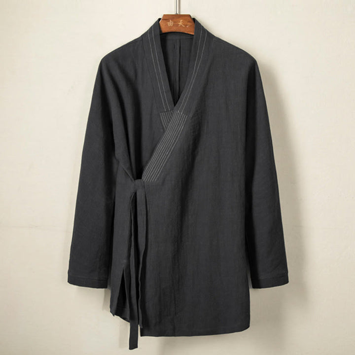 Buddha Stones Simple Herbst Schnürer Baumwolle Leinen Herren Jacke Mantel Zen Kleidung - image 6