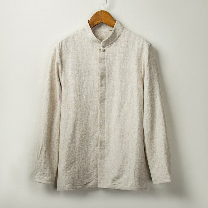 Buddha Stones Fall Solid Langarm Button Shirt Baumwolle Leinen Männer Kleidung - Leinen - US/ UK/AU44，EU54 (4XL) - image 0