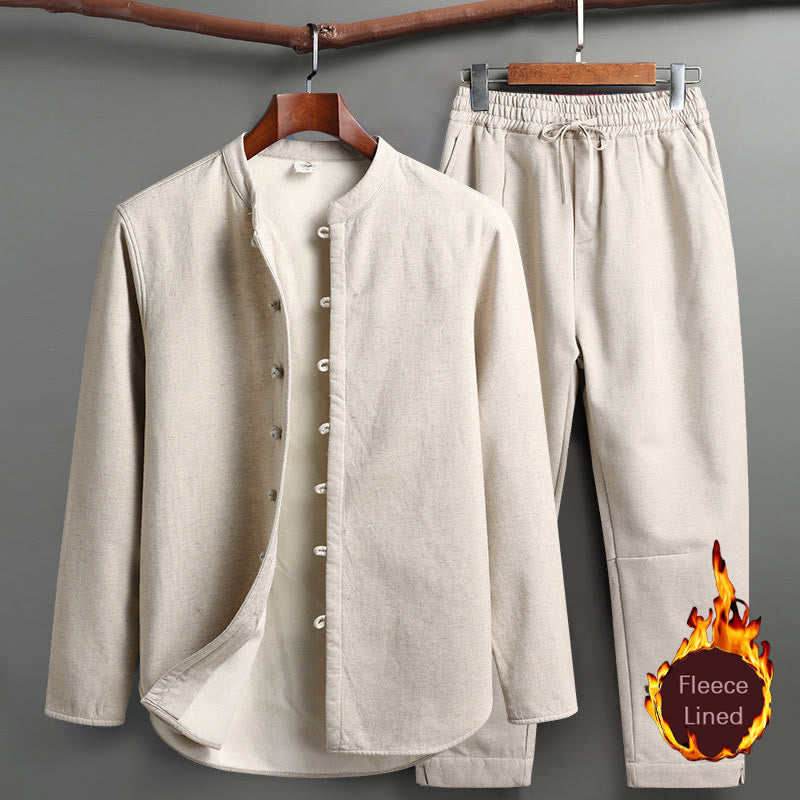 Buddha Stones Solid Tang-Anzug Traditionelles Fleece-gefüttertes Uniform-Set für Herren, langärmeliges Oberteil und Hose - Leinen - Oberteil und Hose - US/UK/AU46, EU56 (5XL) - image 0