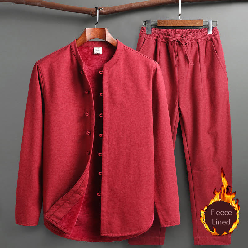 Buddha Stones Solid Tang-Anzug Traditionelles Fleece-gefüttertes Uniform-Set für Herren, langärmeliges Oberteil und Hose - Rot - Oberteil und Hose - US/UK/AU46, EU56 (5XL) - image 19