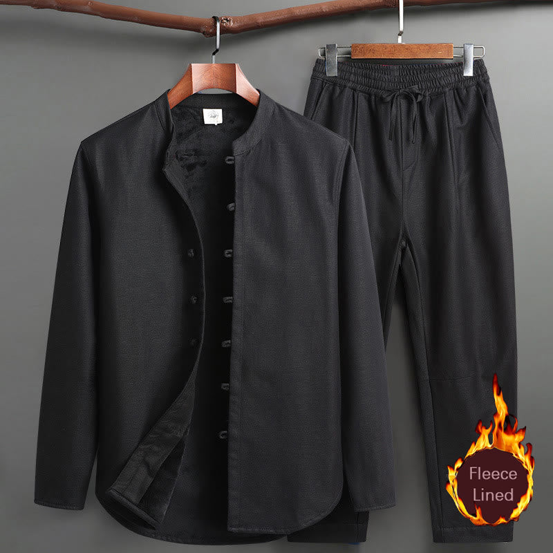 Buddha Stones Solid Tang-Anzug Traditionelles Fleece-gefüttertes Uniform-Set für Herren, langärmeliges Oberteil und Hose - Schwarz - Oberteil und Hose - US/UK/AU46, EU56 (5XL) - image 15