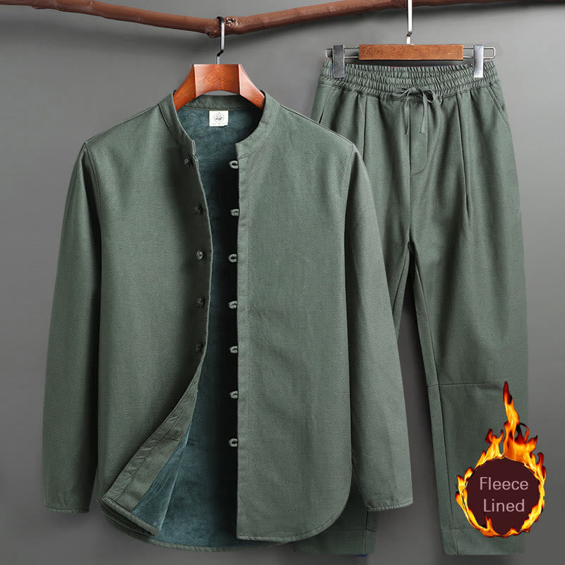 Buddha Stones Solid Tang-Anzug Traditionelles Fleece-gefüttertes Uniform-Set für Herren, langärmeliges Oberteil und Hose