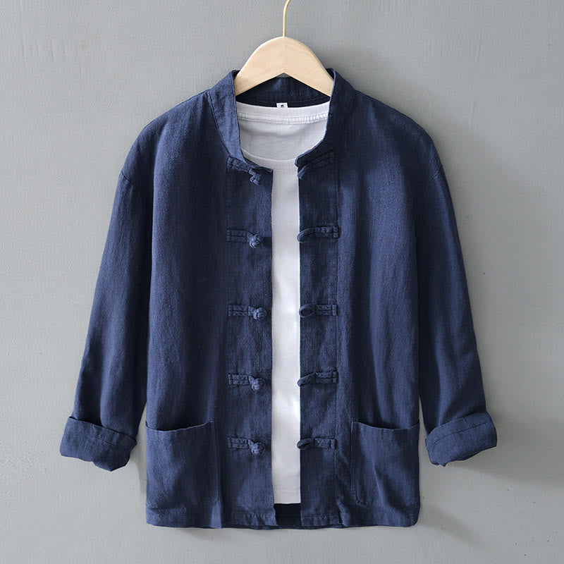 Buddha Stones Frosch-Knopf Chinesischer Tang-Anzug Baumwolle Leinen Herren Jacke Hemd mit Taschen - Stahlblau - US/ UK/AU50，EU60 (5XL) - image 30