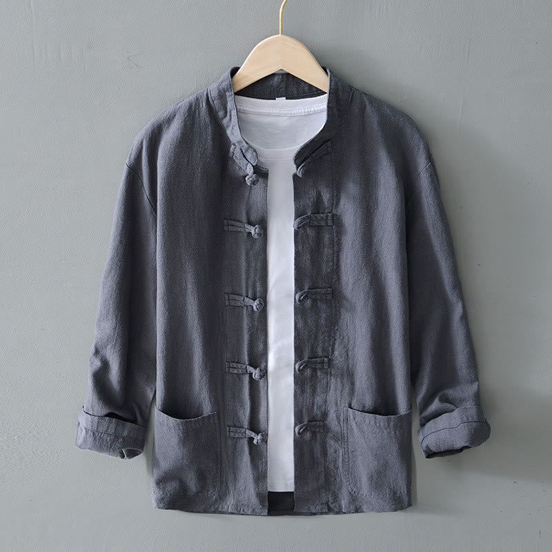 Buddha Stones Frosch-Knopf Chinesischer Tang-Anzug Baumwolle Leinen Herren Jacke Hemd mit Taschen - Grau - US/ UK/AU50，EU60 (5XL) - image 0