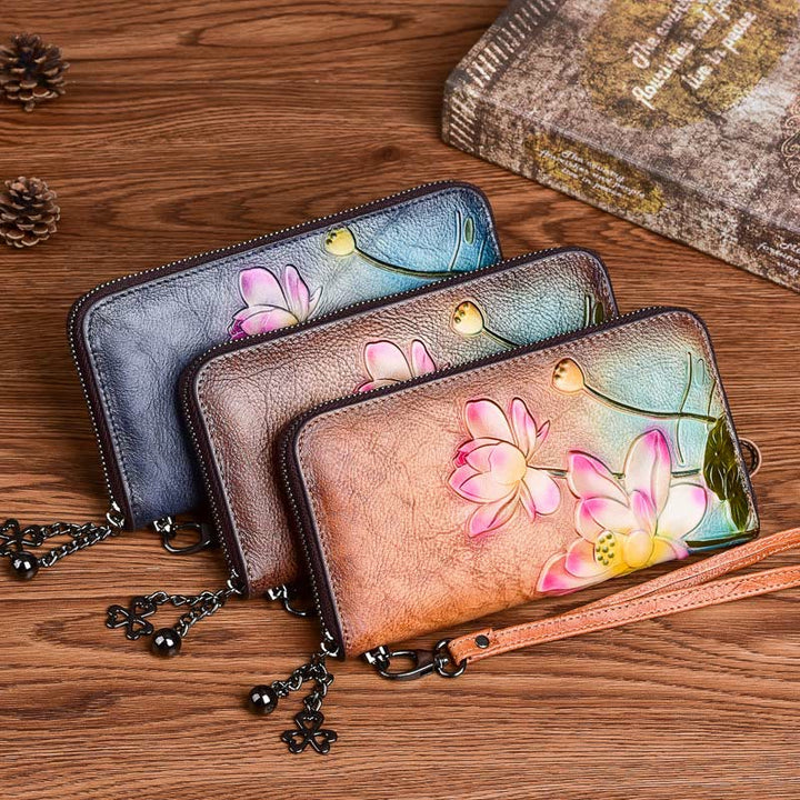 Buddha Stones Retro Lotus bedruckte Ledertasche Reise Einkaufstasche Handtasche