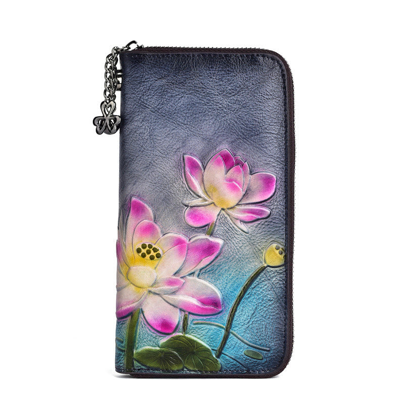 Buddha Stones Retro Lotus bedruckte Ledertasche Reise Einkaufstasche Handtasche