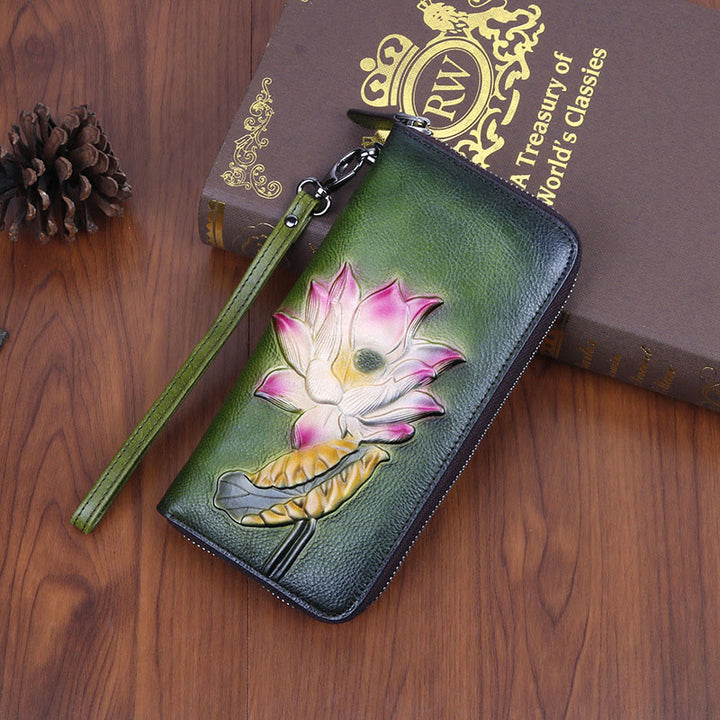 Buddha Stones Retro Lotusblatt bedruckte Ledertasche Reise Einkaufstasche Handtasche