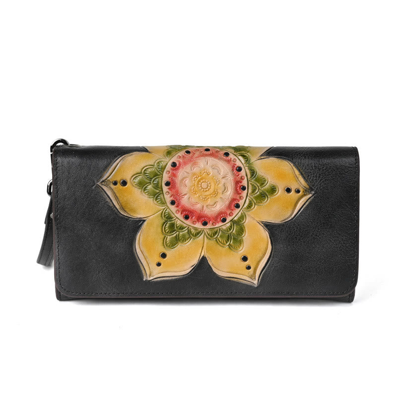 Buddha Stones Retro Blumen bedruckte Ledertasche Reise-Shopping-Geldbörse Handtasche Geldbörse