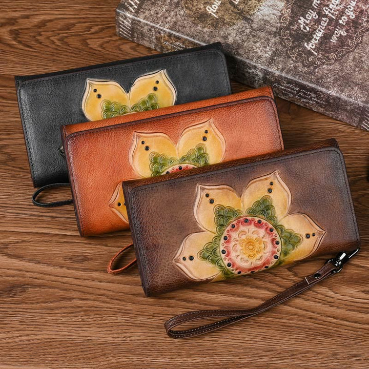 Buddha Stones Retro Blumen bedruckte Ledertasche Reise-Shopping-Geldbörse Handtasche Geldbörse