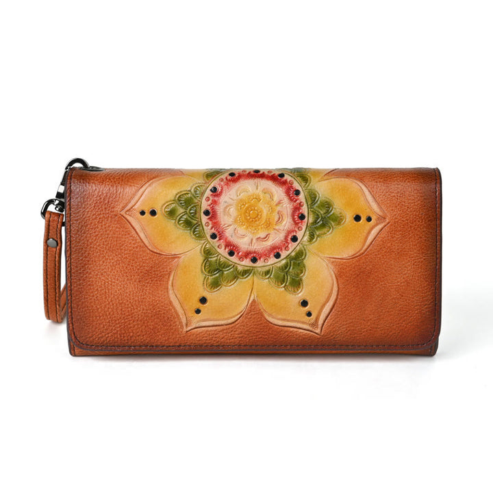 Buddha Stones Retro Blumen bedruckte Ledertasche Reise-Shopping-Geldbörse Handtasche Geldbörse