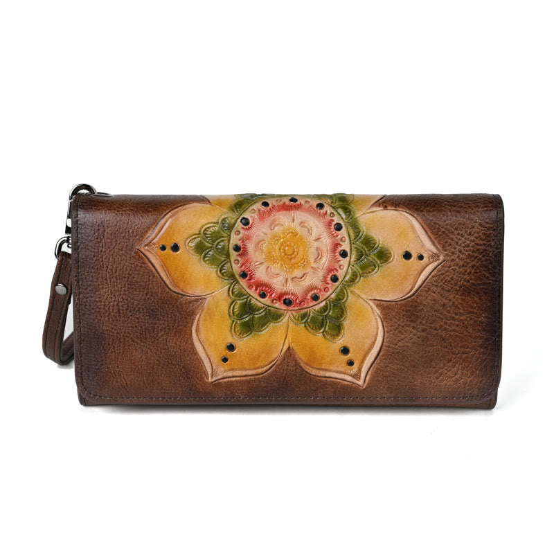 Buddha Stones Retro Blumen bedruckte Ledertasche Reise-Shopping-Geldbörse Handtasche Geldbörse