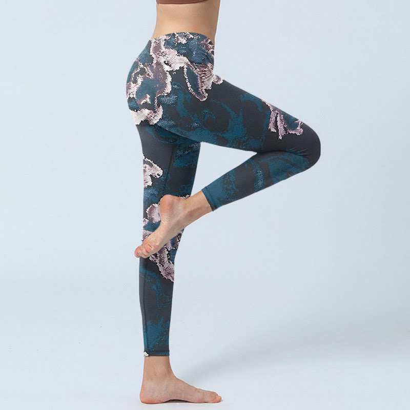 Buddha Stones SteelBlue Silber Blumen Druck Übung Leggings Damen Yoga Hose