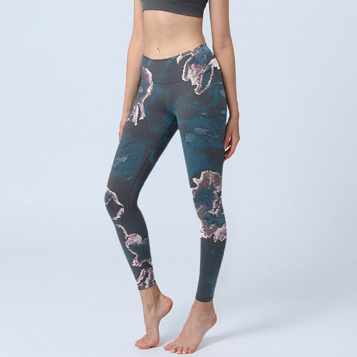 Buddha Stones SteelBlue Silber Blumen Druck Übung Leggings Damen Yoga Hose