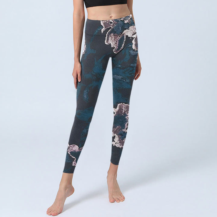 Buddha Stones SteelBlue Silber Blumen Druck Übung Leggings Damen Yoga Hose