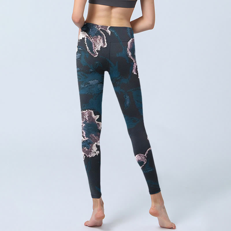 Buddha Stones SteelBlue Silber Blumen Druck Übung Leggings Damen Yoga Hose