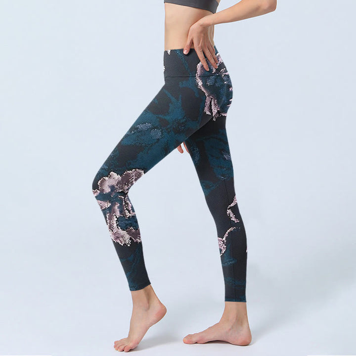 Buddha Stones SteelBlue Silber Blumen Druck Übung Leggings Damen Yoga Hose