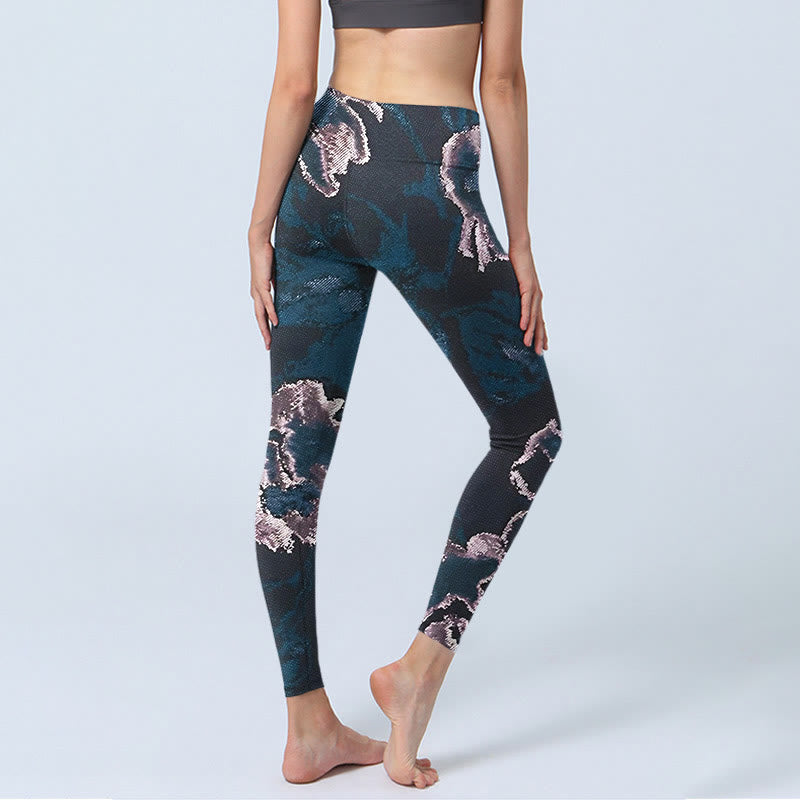 Buddha Stones SteelBlue Silber Blumen Druck Übung Leggings Damen Yoga Hose