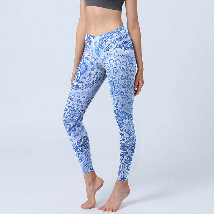 Buddha Stones Persian Style Königsblau Weiß Blumen Muster Druck Übung Leggings Damen Yoga Hose