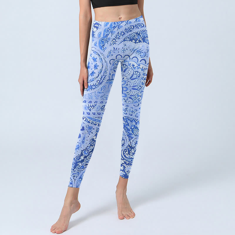 Buddha Stones Persian Style Königsblau Weiß Blumen Muster Druck Übung Leggings Damen Yoga Hose