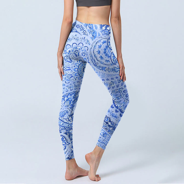 Buddha Stones Persian Style Königsblau Weiß Blumen Muster Druck Übung Leggings Damen Yoga Hose