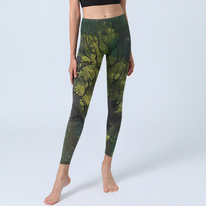 Buddha Stones ForestGreen Blätter Schwarze Linien Druck Übung Leggings Damen Yoga Hose