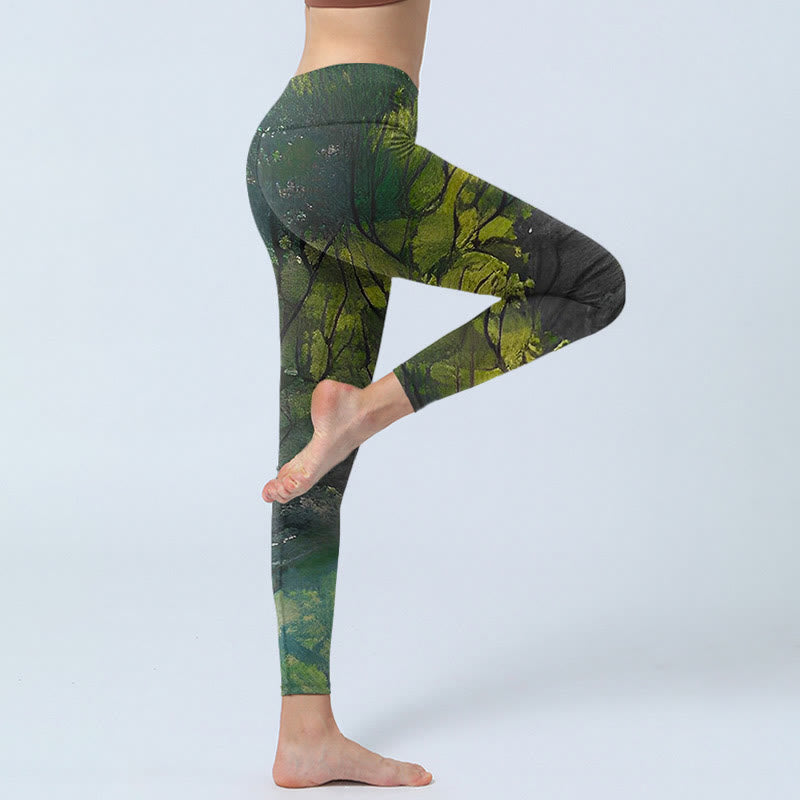 Buddha Stones ForestGreen Blätter Schwarze Linien Druck Übung Leggings Damen Yoga Hose