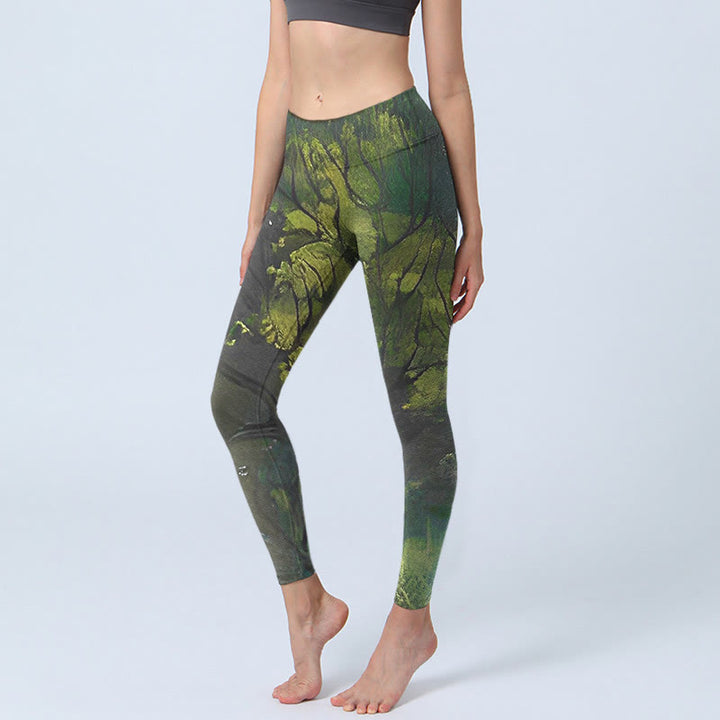 Buddha Stones ForestGreen Blätter Schwarze Linien Druck Übung Leggings Damen Yoga Hose