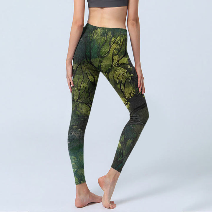 Buddha Stones ForestGreen Blätter Schwarze Linien Druck Übung Leggings Damen Yoga Hose