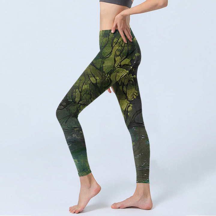 Buddha Stones ForestGreen Blätter Schwarze Linien Druck Übung Leggings Damen Yoga Hose