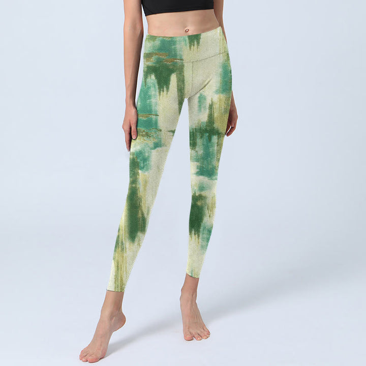 Buddha Stones Beige Grün Batikdruck Übungsleggings Damen Yogahose - image 6