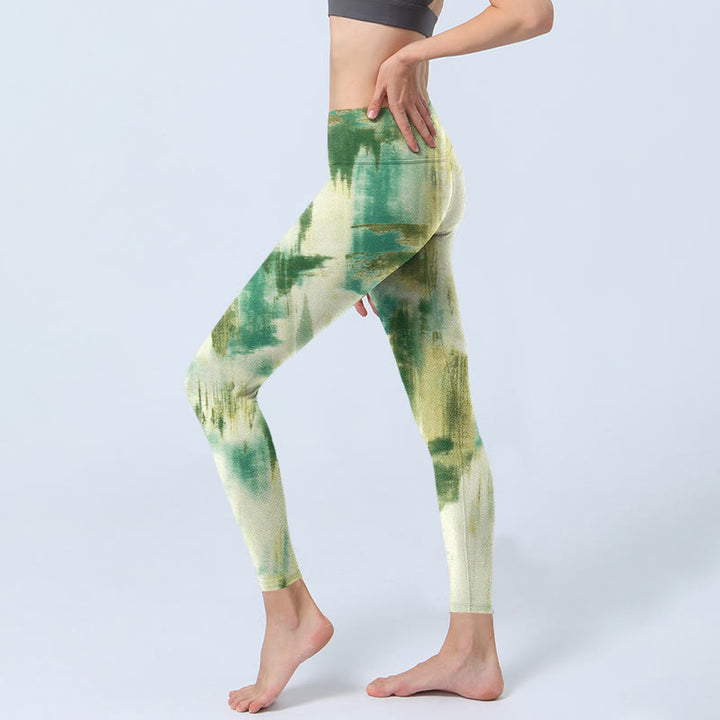 Buddha Stones Beige Grün Batikdruck Übungsleggings Damen Yogahose - image 3