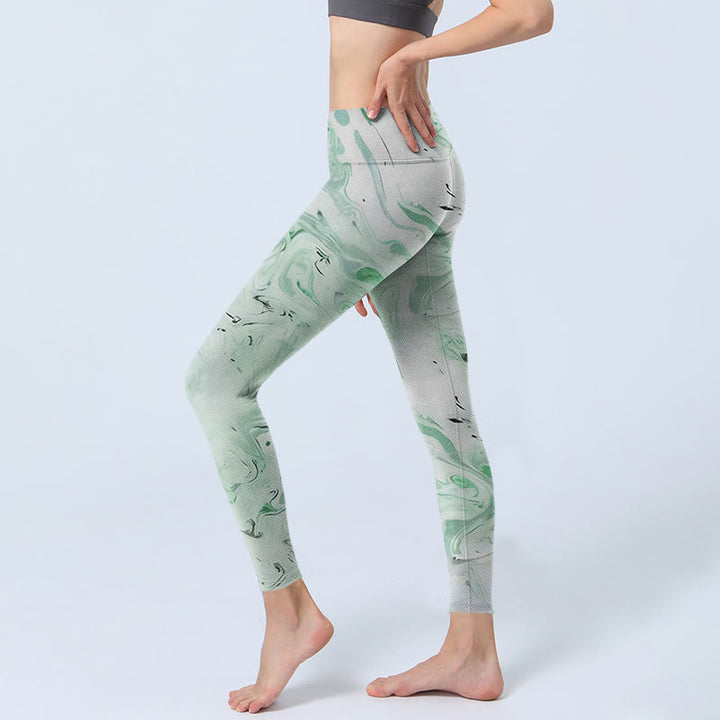 Buddha Stones Honeydew Grün Weiß Flow Line Print Übungsleggings Damen Yogahose