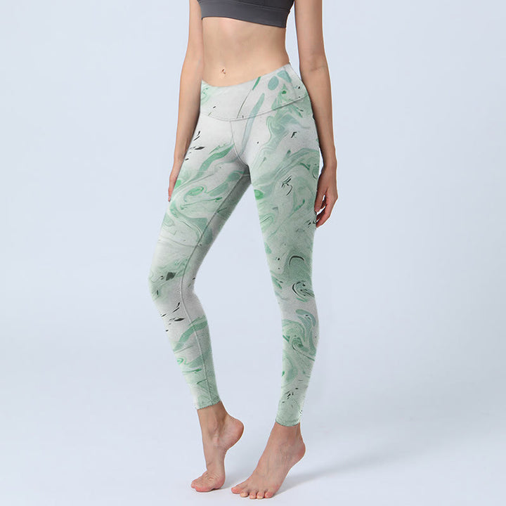 Buddha Stones Honeydew Grün Weiß Flow Line Print Übungsleggings Damen Yogahose