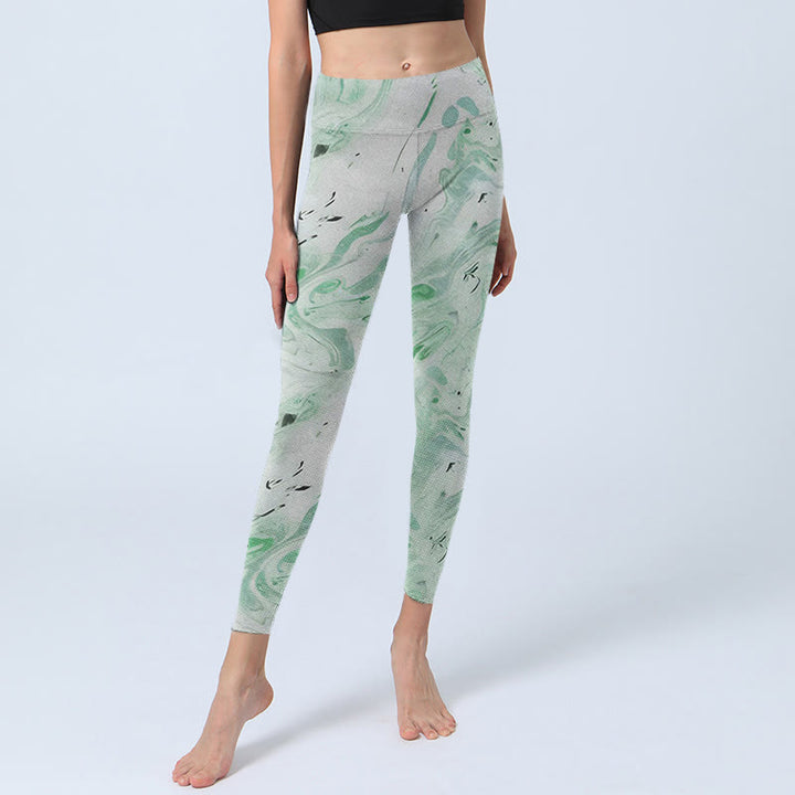 Buddha Stones Honeydew Grün Weiß Flow Line Print Übungsleggings Damen Yogahose