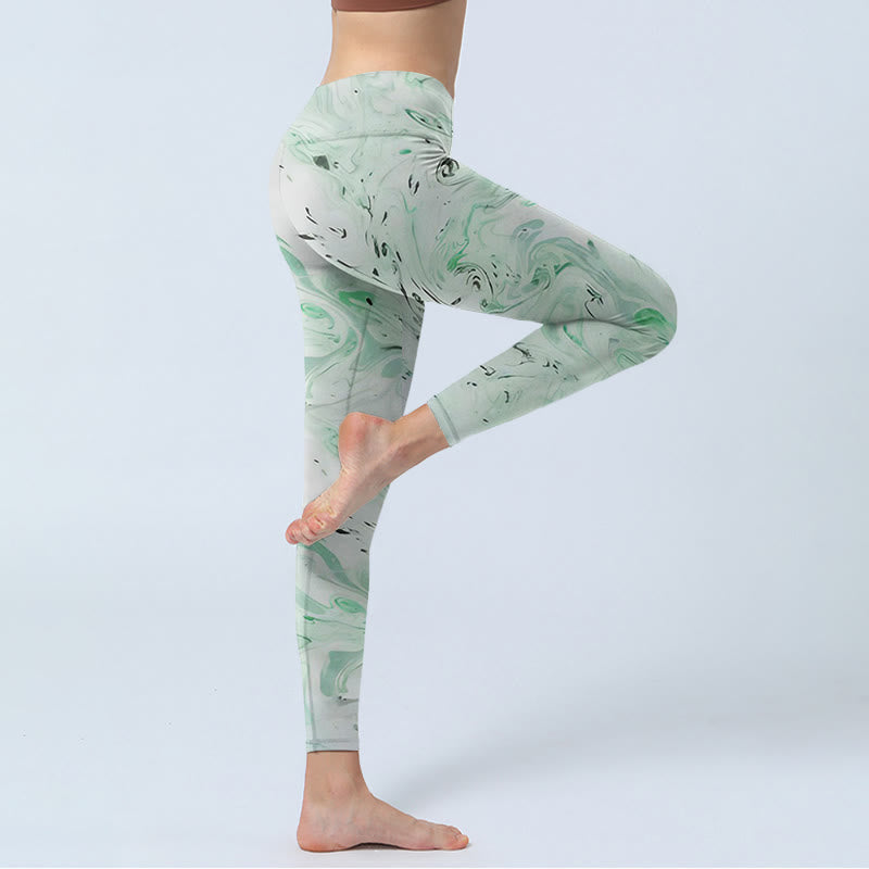 Buddha Stones Honeydew Grün Weiß Flow Line Print Übungsleggings Damen Yogahose