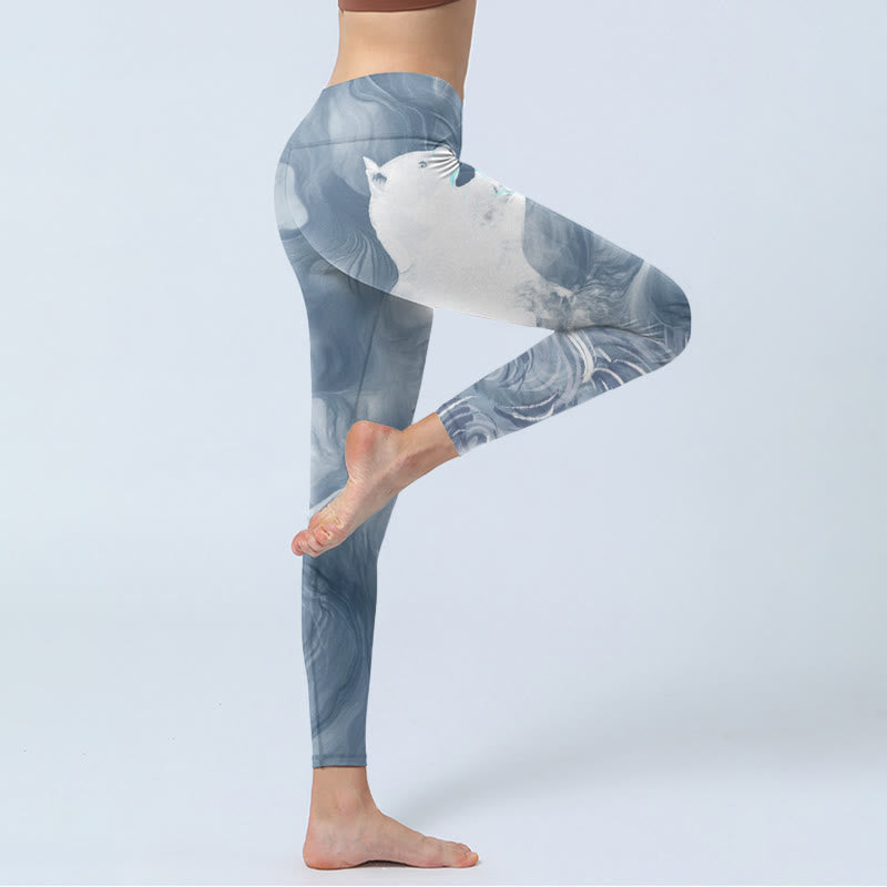 Buddha Stones Hellschiefergrau Weiße Katze Übungsleggings Damen Yogahose