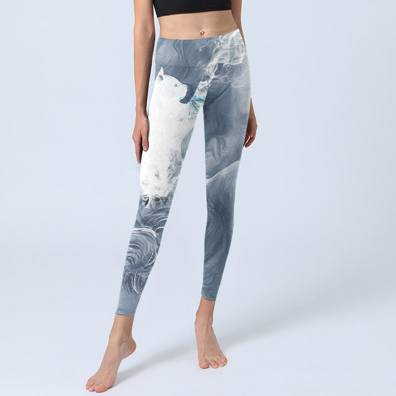 Buddha Stones Hellschiefergrau Weiße Katze Übungsleggings Damen Yogahose