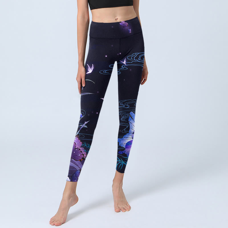 Buddha Stones Mitternachtsblaue Blume Lila Schmetterling Übungsleggings Damen Yogahose