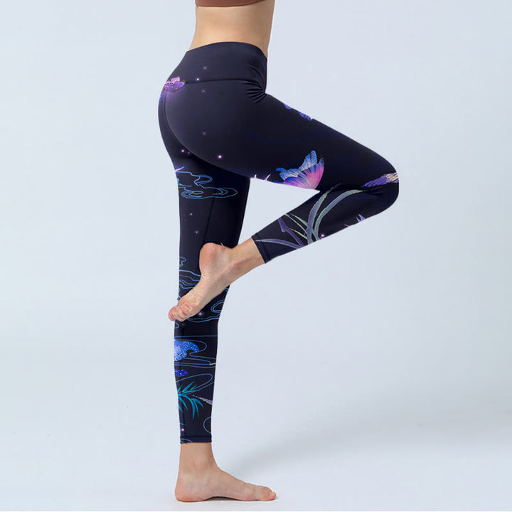 Buddha Stones Mitternachtsblaue Blume Lila Schmetterling Übungsleggings Damen Yogahose