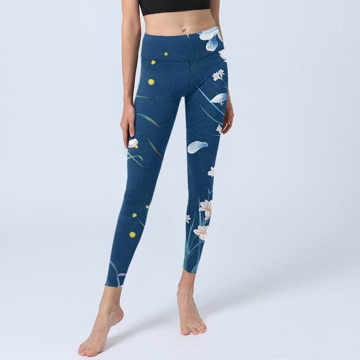 Buddha Stones SteelBlue Kleine weiße Blumen Schmetterling Übung Leggings Damen Yoga Hose