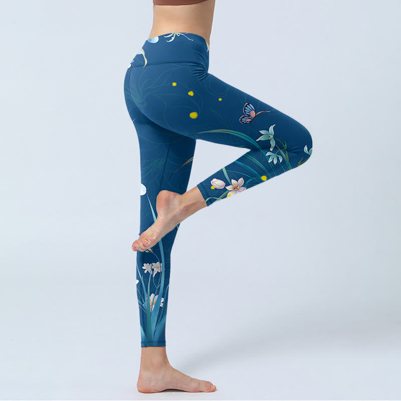 Buddha Stones SteelBlue Kleine weiße Blumen Schmetterling Übung Leggings Damen Yoga Hose