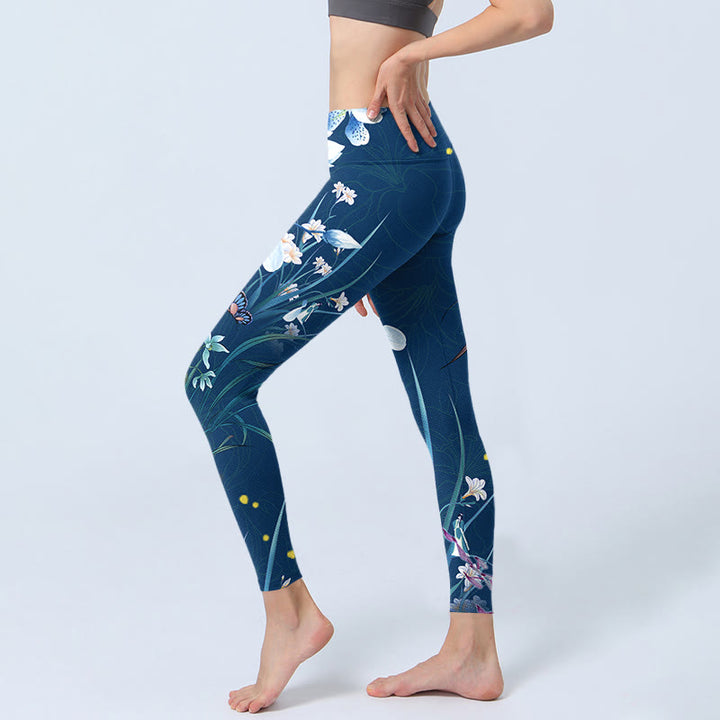 Buddha Stones SteelBlue Kleine weiße Blumen Schmetterling Übung Leggings Damen Yoga Hose