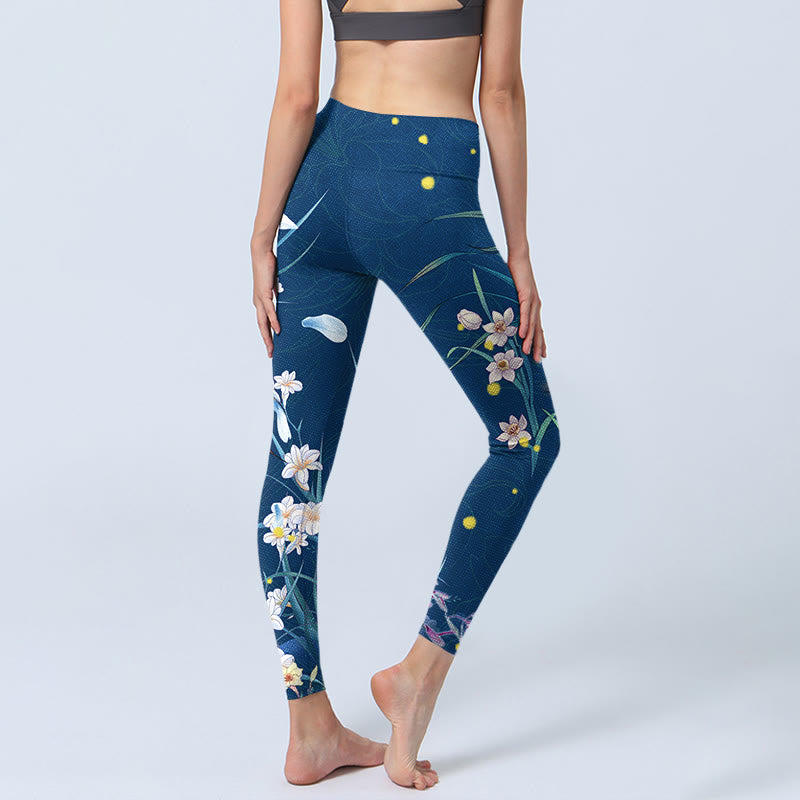 Buddha Stones SteelBlue Kleine weiße Blumen Schmetterling Übung Leggings Damen Yoga Hose