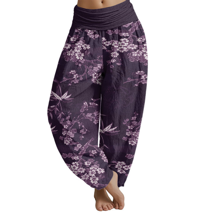 Buddha Stones Weißes Sakura-Blumenmuster Damen-Haremshose mit elastischer Taille