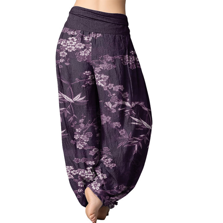 Buddha Stones Weißes Sakura-Blumenmuster Damen-Haremshose mit elastischer Taille