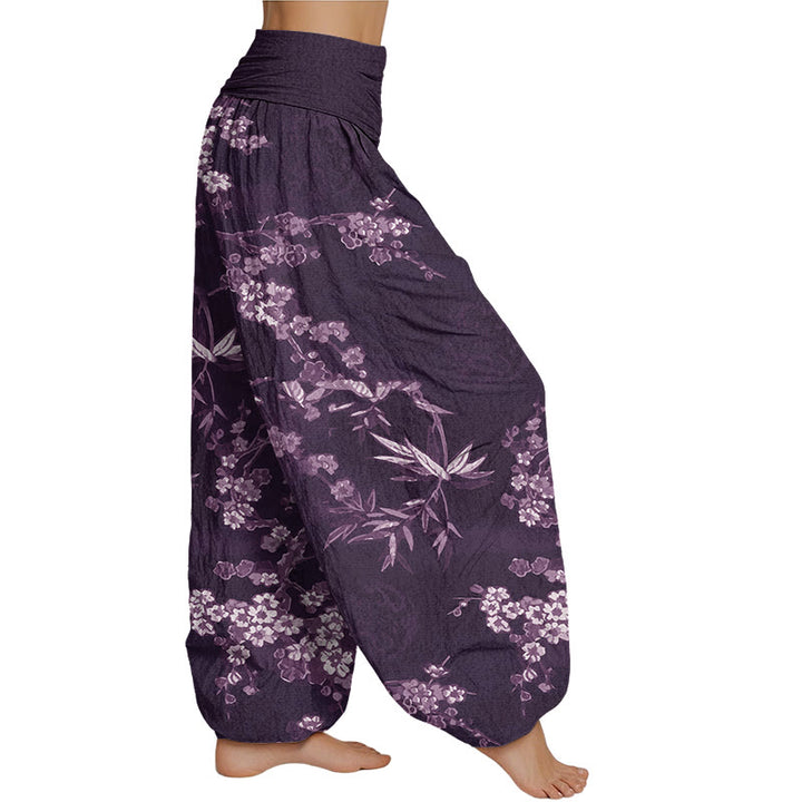 Buddha Stones Weißes Sakura-Blumenmuster Damen-Haremshose mit elastischer Taille