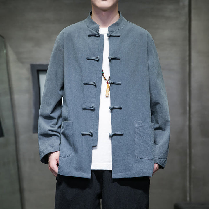 Buddha Stones Simple Frog-Button Chinesischer Tang-Anzug Baumwolle Herren Jacke Hemd mit Taschen - PowderBlue - US/ UK/AU46，EU56 (5XL) - image 12