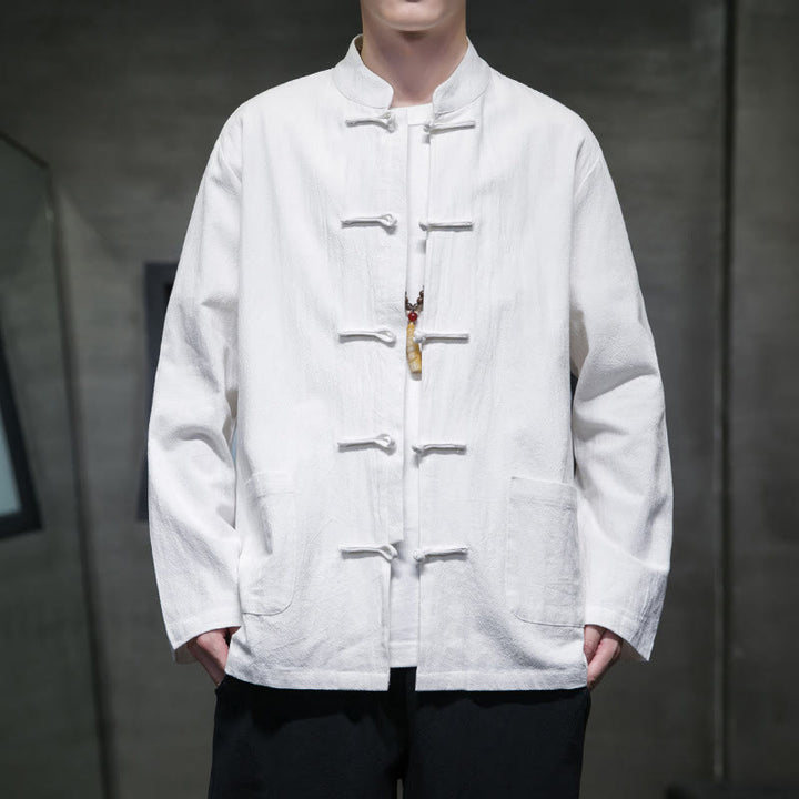 Buddha Stones Simple Frog-Button Chinesischer Tang-Anzug Baumwolle Herren Jacke Hemd mit Taschen - Weiß - US/UK/AU46, EU56 (5XL) - image 0